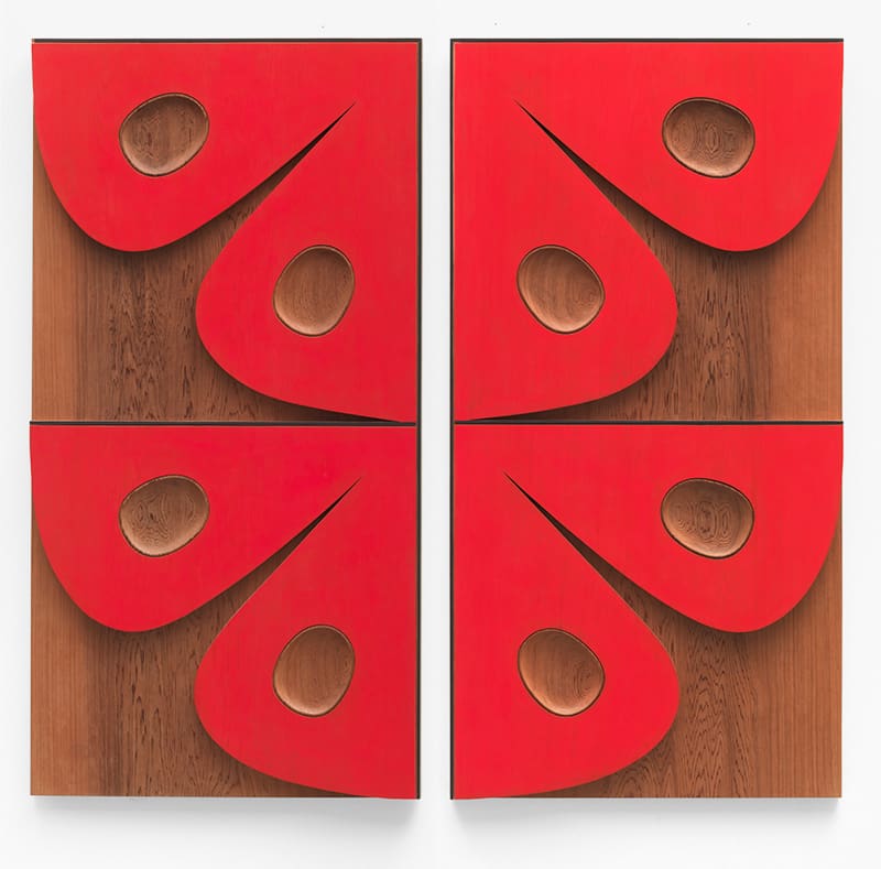 Robert Davidson, Relaxed Symmetry, 2003. Red cedar panel with pigment. Audain Art Museum Collection. Gift of Michael Audain and Yoshiko Karasawa.