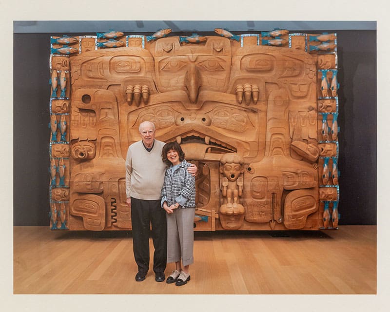 Installation View Photo: Joern Rohde Michael Audain & Yoshika Karasawa standing in front of James Hart, The Dance Screen (The Scream Too) (detail), 2010-2013. Photo by Christos Dikeakos.