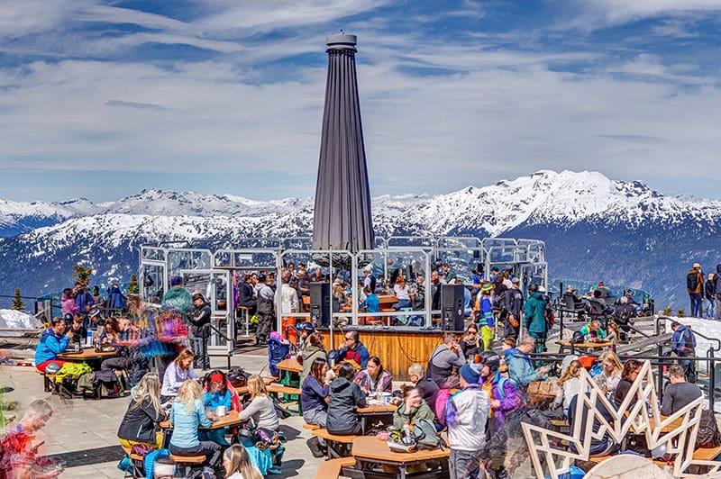Views of Whistler Mountain, restaurants, chairlifts